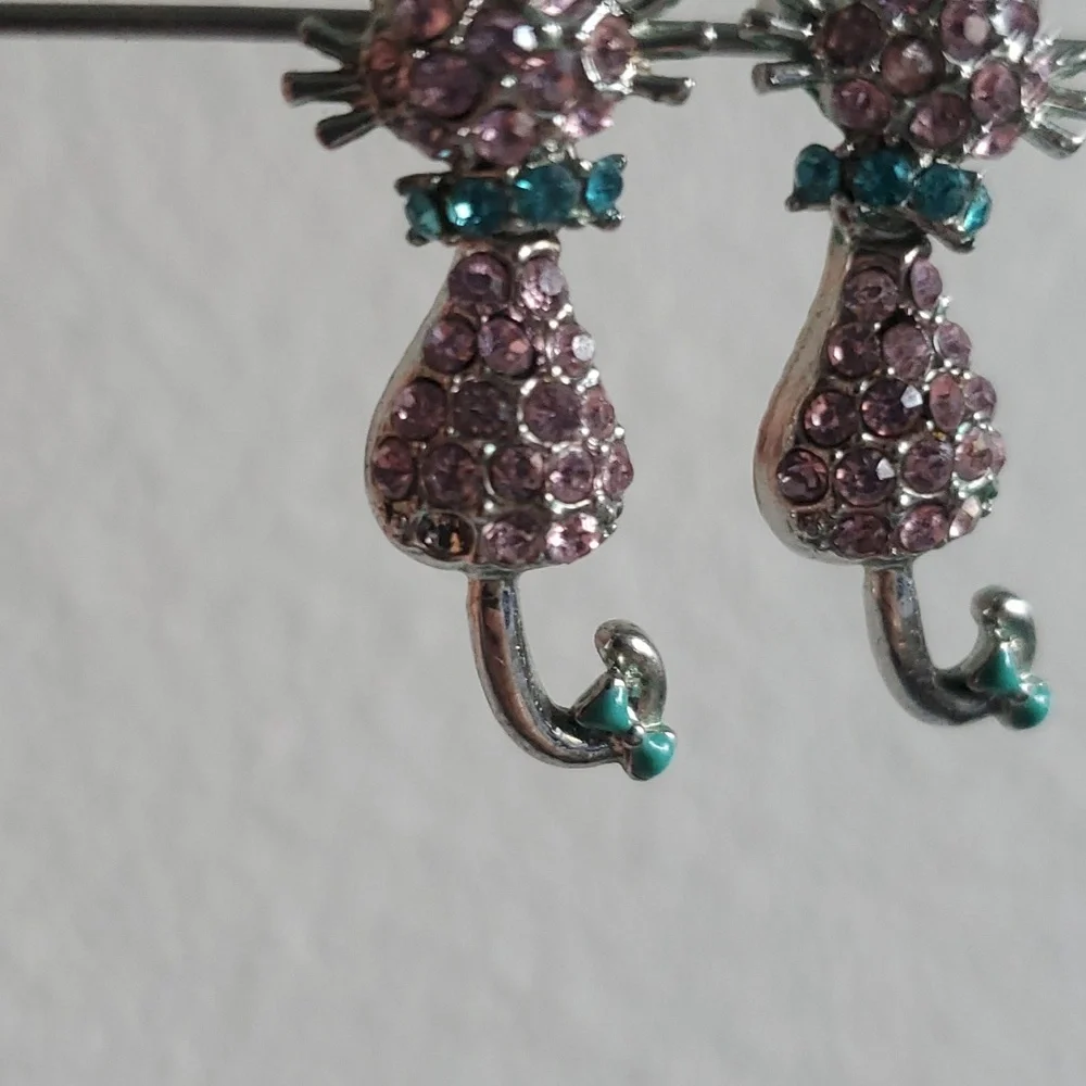 Pink Blue Gemstone Bejeweled Bobble Head Cat Dangle Post Earrings